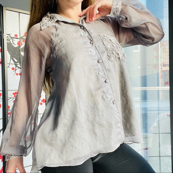Anthropologie RYU: Flare LACE & GRAY Guipure Chiffon Cut Out Blouse Top - Picture 12 of 17